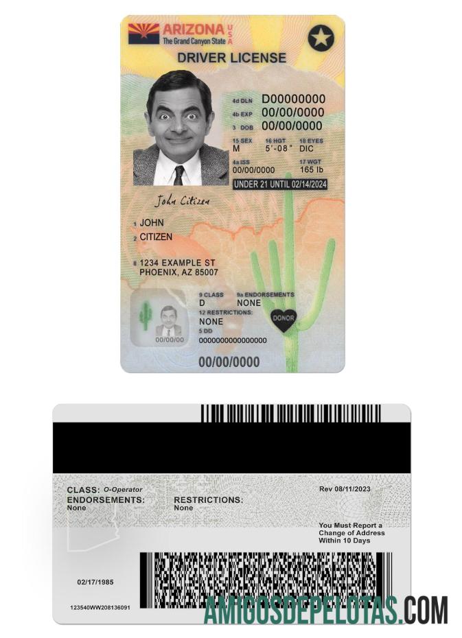 Carteira de motorista dos EUA, Arizona, menor de 21 anos, versão 2 exemplo